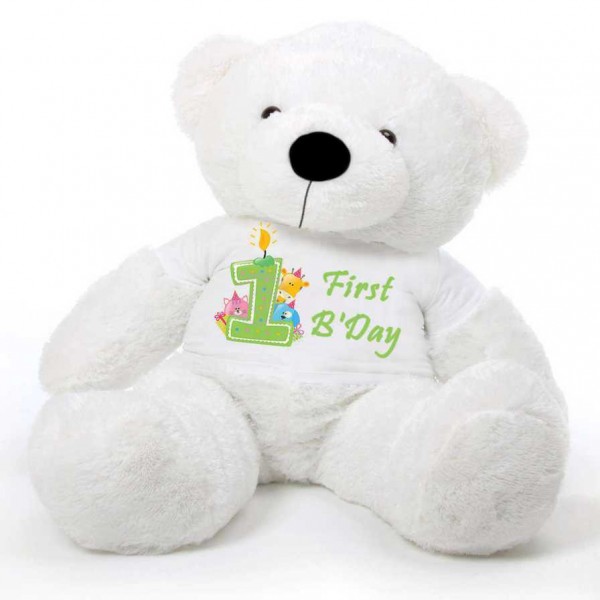 White 5 feet Big Teddy Bear wearing a First Happy Birthday T-shirt